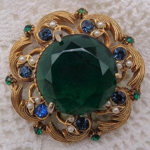 Vtg. FLORENZA Green & Blue RHINESTONE & Faux Pearl BROOCH / Pendant